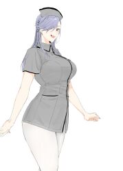 Rule 34 | 1girl, :d, asymmetrical bangs, blue hair, breasts, collared shirt, commentary request, cowboy shot, fang, goshiki suzu, grey hat, grey shirt, hair ornament, hair over one eye, hairpin, hat, highres, large breasts, long hair, nurse, nurse cap, open mouth, original, pants, shirt, short sleeves, simple background, smile, solo, tokiwa nao, white background, white pants