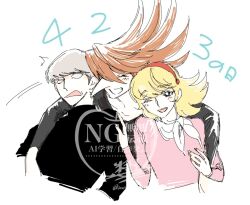 albert_heinrich black_eyes black_shirt blonde_hair blush cyborg cyborg_009 francoise_arnoul grey_hair hair_over_one_eye hairband hug hug_from_behind jet_link long_hair looking_at_viewer maimura_rin one_eye_closed orange_hair pink_shirt red_hairband scarf shirt white_scarf