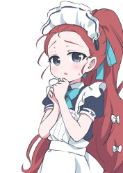 1girl apron black_dress black_eyes blue_archive blue_bow blue_bowtie blue_ribbon bow bowtie clenched_hands dress flat_chest forehead frilled_apron frills furrowed_brow hair_bow hair_pulled_back hair_ribbon hands_up high_ponytail light_blush long_hair looking_at_viewer maid maid_headdress nervous open_mouth own_hands_together ponytail red_hair ribbon short_sleeves simple_background solo sweatdrop tamura-chan upper_body very_long_hair white_apron white_background white_bow wide_ponytail yuzu_(blue_archive) yuzu_(maid)_(blue_archive)