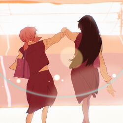 Rule 34 | 2girls, 55bata6rou, ahoge, bag, black hair, black skirt, black vest, brown hair, facing away, feet out of frame, from behind, highres, holding hands, koito yuu, lens flare, long hair, long sleeves, multiple girls, nanami touko, outstretched arm, school bag, school uniform, shirt, short hair, short twintails, skirt, standing, tohmi higashi high school uniform, twintails, vest, walking, white shirt, yagate kimi ni naru
