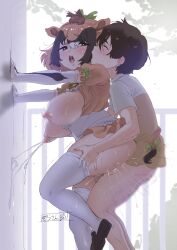1boy 1girl absurdres against_wall animal_ears ass bell blush bow bowtie breasts brown_eyes brown_hair captain_(kemono_friends) clothed_sex cow_ears elbow_gloves frills gloves grabbing_another&#039;s_breast grabbing_from_behind groping hand_on_wall hetero highres jersey_cattle_(kemono_friends) kemono_friends kemono_friends_3 lactation large_breasts looking_back masuyama_ryou multicolored_hair neck_bell nipple_stimulation nipple_tweak nipples open_mouth projectile_lactation puffy_nipples sex sex_from_behind shirt short_hair short_sleeves skirt standing standing_sex sweat tail thighhighs vaginal white_hair