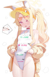 1girl @_@ animal_ear_fluff animal_ears bare_shoulders blue_archive blush breasts covered_navel cross_halo deyui embarrassed extra_ears floppy_ears forehead fox_ears fox_girl fox_tail halo highleg highleg_one-piece_swimsuit highres jacket loli long_hair long_sleeves looking_at_viewer off_shoulder official_alternate_costume official_alternate_hairstyle one-piece_swimsuit open_mouth pink-tinted_eyewear pink_eyes seia_(blue_archive) seia_(swimsuit)_(blue_archive) side_ponytail simple_background small_breasts solo sweatdrop swimsuit tail thighs tinted_eyewear twitter_strip_game very_long_hair visor_cap wet white_background white_one-piece_swimsuit yellow_halo yellow_jacket