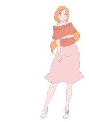 Rule 34 | 1girl, bleach, breasts, closed mouth, female focus, highres, huge breasts, inoue orihime, long hair, mature female, maxi, orange hair, white background