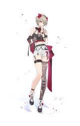 1girl absurdres alternate_costume bare_shoulders black_shirt black_thighhighs breasts brown_hair chinese_commentary cleavage closed_mouth commentary_request crop_top earrings fingernails flower full_body garter_straps gloves hair_flower hair_ornament hair_over_one_eye hand_up highres holding honkai_(series) honkai_impact_3rd jewelry large_breasts looking_at_viewer midriff mole mole_under_eye nail_polish pink_eyes pink_nails pmg red_flower rita_rossweisse see-through_cleavage see-through_clothes shirt short_hair shorts single_garter_strap single_glove single_thighhigh smile solo thigh_strap thighhighs torn_clothes torn_thighhighs white_shorts