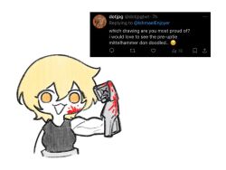 Rule 34 | 1girl, :3, black shirt, blonde hair, blood, blood on face, blood on hands, breasts, chibi, don quixote (project moon), flexing, gauntlets, limbus company, medium breasts, muscular, muscular female, n corp. fanatic (identity) (project moon), open mouth, project moon, request inset, shirt, short hair, sleeveless, sleeveless shirt, smile, solo, yellow eyes, yongsa (ishmaelenjoyer)