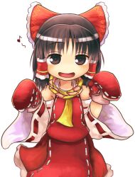 1girl ascot ayuki_(47881314) benikurage_(cookie) bow brown_eyes brown_hair commentary_request cookie_(touhou) cowboy_shot detached_sleeves dress frilled_bow frilled_hair_tubes frills hair_bow hair_tubes hakurei_reimu highres looking_at_viewer mittens musical_note open_mouth pink_scarf red_bow red_dress red_mittens ribbon-trimmed_sleeves ribbon_trim scarf sidelocks simple_background sleeveless sleeveless_dress smile solo striped_clothes striped_scarf touhou transparent_background white_sleeves yellow_ascot yellow_scarf