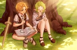 Rule 34 | 1boy, 1girl, blonde hair, book, capry, closed eyes, grass, green eyes, green hair, highres, holding, holding book, holding wand, mushoku tensei, open mouth, planted, planted sword, planted weapon, pointy ears, rudeus greyrat, short hair, sitting, smile, sword, sylphiette (mushoku tensei), tree, wand, weapon