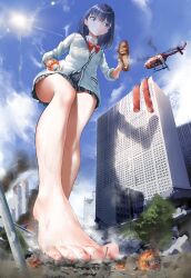 Rule 34 | 1girl, absurdres, aircraft, antinomychina, barefoot, black hair, black skirt, blue eyes, blue sky, bow, bowtie, building, cardigan, city, cloud, commentary, destruction, from below, giant, giantess, gridman universe, helicopter, highres, long hair, long sleeves, orange scrunchie, outdoors, pleated skirt, red bow, red bowtie, red socks, scrunchie, skirt, sky, smell, socks, solo, ssss.gridman, takarada rikka, tree, unworn socks, white cardigan, wrist scrunchie