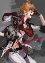 1boy black_gloves blood blood_on_clothes blood_on_face blue_eyes commentary_request crazy crazy_smile from_side genshin_impact gloves grey_jacket grey_pants hand_on_own_head highres hydro_symbol_(genshin_impact) jacket long_sleeves male_focus open_mouth orange_hair pants scarf short_hair smile solo stomach tartaglia_(genshin_impact) ui_(gnu_isn) vision_(genshin_impact)