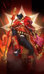 Rule 34 | 1girl, absurdres, artist request, beanie, black shoes, dislyte, earrings, elif (inanna) (dislyte), hat, highres, holding, holding staff, jewelry, looking at viewer, non-web source, official art, red hair, shoes, single earring, sitting, smile, sparkle, staff, wedge heels