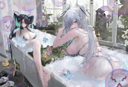 3girls absurdres aqua_hair ass bath bathtub breasts bubble bubble_bath cinderella_(nikke) goddess_of_victory:_nikke gretel_(nikke) grey_hair hansel_(nikke) highres koto_omikami large_breasts little_mermaid_(nikke) long_hair multiple_girls red_eyes yellow_eyes yuni_(chimera)_(nikke) yuni_(nikke)
