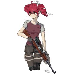 Rule 34 | 1girl, absurdres, arm tattoo, bolt action, collarbone, grey background, gun, highres, holding, holding weapon, kasane teto, kasane teto (utau), knee guards, knee pads, looking to the side, playerunknown&#039;s battlegrounds, red eyes, red hair, rifle, ringlets, ryu blra, scope, shirt, simple background, sniper rifle, solo, tactical clothes, tattoo, thigh strap, twintails, upper body, utau, weapon