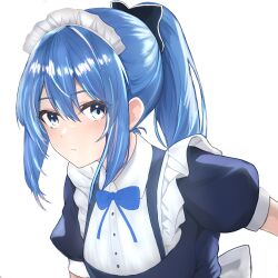 Rule 34 | 1girl, absurdres, alternate costume, blue bow, blue bowtie, blue eyes, blue hair, blush, bow, bowtie, closed mouth, dress shirt, enmaided, hair between eyes, hair bow, highres, hololive, hoshimachi suisei, long hair, maid, maid headdress, shirt, short sleeves, side ponytail, simple background, solo, take (user tnuv3534), upper body, virtual youtuber, white background, white shirt
