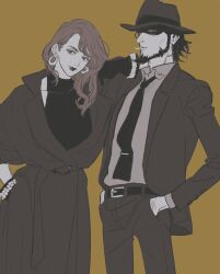 1boy 1girl adam&#039;s_apple arm_on_another&#039;s_shoulder beard belt brown_background cigarette coat collared_shirt dress earrings eyelashes facial_hair gloves greyscale_with_colored_background hand_hair hands_in_pockets jacket jewelry jigen_daisuke long_hair lupin_iii maiko_(setllon) mine_fujiko necktie pants shaded_face shirt short_hair tie_clip
