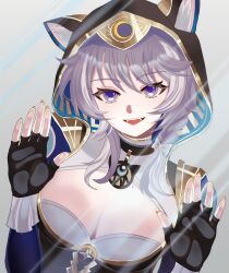 1girl against_wall animal_ears animal_hood blue_eyes breasts cat_ears cat_hood cipher_(honkai:_star_rail) cleavage commentary_request fingerless_gloves gloves grey_background grey_hair highres honkai:_star_rail honkai_(series) hood large_breasts mole mole_on_breast oekakidekinai1 open_mouth short_hair_with_long_locks simple_background solo upper_body yellow_nails