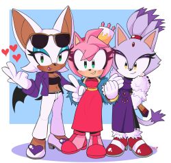 3girls amy_rose bat_girl blaze_the_cat blue_eyeshadow blush cake cat_girl crop_top dress eyelashes eyeshadow feather_boa food forehead_jewel furry furry_female gloves green_eyes hand_fan heart heartludwig highres jacket looking_at_viewer makeup multiple_girls navel pants pink_fur pink_shoes ponytail purple_dress purple_fur purple_jacket red_dress red_footwear rouge_the_bat shoes simple_background sonic_(series) sunglasses the_murder_of_sonic_the_hedgehog v white_footwear white_fur white_pants yellow_eyes