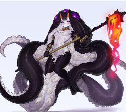 absurdres black_sclera blush cephalopod_eyes colored_sclera ekrea_jan extra_eyes fire highres horns lamp monster_girl navel no_nipples original pale_skin purple_eyes pussy staff tentacle_hair tentacles white_background