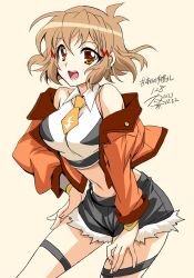 1girl bare_shoulders breasts brown_eyes brown_hair hair_ornament hairclip highres kanna_(plum) looking_at_viewer medium_breasts navel open_mouth senki_zesshou_symphogear short_hair solo tachibana_hibiki_(symphogear)