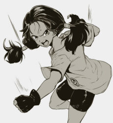 Rule 34 | 1girl, aoba (smartbeat), bike shorts, black hair, clenched hand, dragon ball, dragonball z, fighting stance, fingerless gloves, gloves, greyscale, highres, long hair, looking at viewer, monochrome, open mouth, shirt, simple background, solo, twintails, videl, white background, white shirt