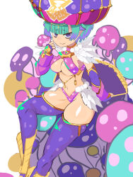 1girl bikini breasts capelet cleavage detached_sleeves fate/grand_order fate_(series) feathers green_hair hat highres locusta_(fate) locusta_(third_ascension)_(fate) looking_at_viewer medium_breasts multicolored_hair mushroom navel purple_bikini purple_capelet purple_eyes purple_hair purple_hat purple_thighhighs short_hair sitting smile solo swimsuit thighhighs two-tone_hair user_fkzw8222