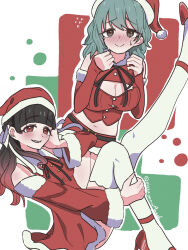 2girls alternate_costume artist_name baio_rin bare_legs bare_shoulders black_hair black_ribbon blunt_bangs blush breasts cleavage commentary_request detached_sleeves female_focus flying_sweatdrops fur-trimmed_sleeves fur_trim gradient_hair green_hair grey_eyes grin hair_ribbon hand_on_own_cheek hand_on_own_face hat highres kimi_no_koto_ga_dai_dai_dai_dai_daisuki_na_100-nin_no_kanojo large_breasts long_hair long_sleeves looking_at_viewer midriff multicolored_hair multiple_girls navel neck_ribbon nemui_nemu outline pizzayanopunch red_eyes red_hair red_shoes ribbon santa_costume santa_hat sharp_teeth shoes simple_background smile teeth thighhighs twitter_username white_outline white_ribbon white_thighhighs