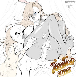 1boy 1girl animal_costume asuna_(blue_archive) black_eyes blue_archive blue_eyes blush breasts crossover dragon_ball easter highres kuririn large_breasts large_penis licking_nipple lifting_person long_hair muscular muscular_male nipple_stimulation pantyhose penis pussy rabbit rabbit_costume theal3x10 thick_thighs thighs torn_clothes torn_pantyhose uncensored vaginal