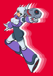 Rule 34 | 1girl, aiming, android, bodysuit, highres, mega man (series), mega man x (series), mega man x corrupted, red background, simple background, synthia (mega man x corrupted), tennasi19
