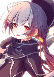 1girl black_gloves black_hat black_jacket blush closed_mouth demimushi duel_monster gloves grey_hair hat highres jacket long_hair looking_at_viewer red_eyes simple_background sky_striker_ace_-_roze solo tongue tongue_out twintails very_long_hair white_background yu-gi-oh!