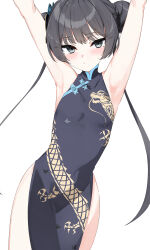 1girl absurdres armpits arms_up black_dress black_hair blue_archive blush breasts butterfly_hair_ornament china_dress chinese_clothes closed_mouth commentary_request cowboy_shot double_bun dragon_print dress grey_eyes hair_bun hair_ornament highres isocha kisaki_(blue_archive) long_hair looking_at_viewer pelvic_curtain print_dress simple_background sleeveless sleeveless_dress small_breasts solo sweat sweatdrop twintails white_background