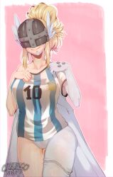 Rule 34 | 1girl, absurdres, angewomon, argentinian flag, argentinian flag print, artist name, asymmetrical legwear, blonde hair, breasts, cheeso art, collarbone, covered eyes, digimon, digimon (creature), digimon adventure, elbow gloves, flag print, gloves, head wings, helmet, helmet over eyes, highres, large breasts, looking at viewer, simple background, smile, soccer jersey, thick thighs, thighs, wings