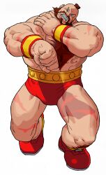 Rule 34 | 1990s (style), 1boy, abs, absurdres, beard, bengus, boots, brown hair, chest hair, clenched teeth, facial hair, facing viewer, full body, game cg, head tilt, highres, leg hair, male focus, marvel vs. capcom, mohawk, muscular, muscular male, non-web source, official art, pectorals, red boots, retro artstyle, scar, scar on arm, scar on leg, short hair, simple background, small pupils, solo, street fighter, stretching, teeth, topless male, walking, white background, wrestler, wrestling outfit, x-men vs. street fighter, zangief