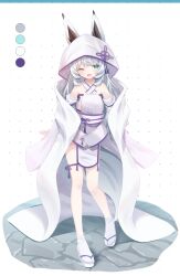 alternate_costume animal_ear_fluff animal_ears blue_eyes blush breasts color_guide detached_sleeves fang fox_ears fox_girl fox_tail full_body grey_hair highres hood hood_up japanese_clothes kimono leg_ribbon long_hair looking_at_viewer one_eye_closed open_mouth ribbon sandals sash satoh_vrc shinano_(vrchat) sideboob sideless_outfit skin_fang small_breasts smile socks solo standing tabi tail thigh_ribbon uchikake v1girl vrchat wataboushi white_background white_hair white_hood white_kimono white_sleeves white_socks zouri