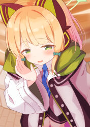 1girl absurdres animal_ear_headphones animal_ears arm_at_side black_shorts blonde_hair blue_archive blue_necktie blush bow brick_floor buttons cat_ear_headphones cat_ears collared_shirt commentary_request dot_nose fake_animal_ears feet_out_of_frame from_above green_bow green_eyes green_halo green_jacket hair_bow half-closed_eyes halo hand_up headphones highres jacket long_sleeves looking_at_viewer low-tied_sidelocks medium_hair midori_(blue_archive) miyatanpo615 multicolored_jacket necktie open_clothes open_hand open_jacket open_mouth outdoors partial_commentary shirt short_shorts shorts sidelocks smile solo standing tareme two-sided_fabric two-sided_jacket untucked_shirt white_jacket white_shirt wide_sleeves