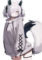 1girl absurdres ahoge animal_ear_fluff animal_ears black_choker black_ribbon choker colored_inner_animal_ears cross cross_earrings earrings fox_ears fox_girl fox_tail grey_eyes grey_hair hair_between_eyes hair_over_one_eye hair_ribbon highres hood hoodie jewelry long_sleeves medium_hair multicolored_tail natsuki_(natsu_1936) necklace original ribbon simple_background skindentation sleeves_past_wrists smile solo tail thigh_strap twintails white_background