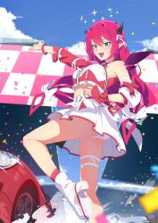 1girl :d absurdres ankle_boots aqua_eyes armpit_crease bangle blue_sky boots bracelet car commission crop_top cross-shaped_pupils demon_horns detached_sleeves detached_wings feca hair_between_eyes halo hand_on_own_hip heterochromia highres hololive hololive_english hololive_idol_uniform_(color_rise) horns irys_(hololive) jewelry light_blush long_hair motor_vehicle official_alternate_costume open_mouth outstretched_arm panties pink_eyes pink_hair pink_nails pink_shirt platform_boots pleated_skirt second-party_source shirt shoe_soles single_detached_sleeve single_sleeve skirt sky smile solo standing standing_on_one_leg symbol-shaped_pupils teeth thigh_strap underwear upper_teeth_only upskirt very_long_hair virtual_youtuber white_boots white_panties white_skirt wings