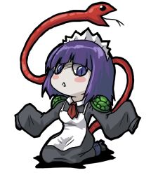 1girl apron black_dress blue_eyes blush_stickers chibi chibi_only collared_dress contrast_collar dress full_body futaba_channel genbu_(nijiura_maids) long_sleeves maid maid_headdress necktie nijiura_maids no_nose oso_(toolate) purple_hair red_necktie short_hair simple_background sitting sleeves_past_fingers sleeves_past_wrists slit_pupils snake_head_tail solo tail triangle_mouth turtle_shell wariza white_apron white_background