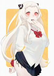 1girl abyssal_ship airfield_princess alternate_costume ass black_nails black_panties black_skirt blush bow bowtie breasts collared_shirt colored_skin hand_to_own_mouth horns kantai_collection large_breasts long_hair looking_at_viewer nail_polish panties pleated_skirt red_bow red_bowtie red_eyes sakiecho scrunchie shirt side-tie_panties signature simple_background skirt sleeves_rolled_up underwear very_long_hair white_hair white_shirt white_skin wrist_scrunchie