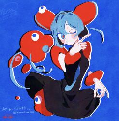 1girl :/ artist_name black_dress black_necktie black_sleeves blue_background blue_eyes blue_hair blue_necktie blue_theme blush_stickers borrowed_design color_contrast cropped_torso detached_hair detached_sleeves disembodied_hand dress english_text expo2025 expressionless fusion hatsune_miku headphones highres hinoki_(yesfish1117) long_hair looking_at_viewer myaku-myaku necktie one_eye_closed red_pupils severed_hand short_dress short_hair simple_background skirt_hold sleeveless sleeveless_dress solo twitter_username two-sided_fabric two-sided_sleeves upper_body very_short_hair vocaloid watermark