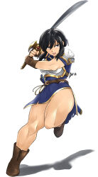 1girl absurdres armor arumi_hii belt black_hair boots breastplate fingerless_gloves fire_emblem fire_emblem:_genealogy_of_the_holy_war gloves highres holding holding_sword holding_weapon larcei_(fire_emblem) legs muscular muscular_female nintendo open_mouth purple_tunic serious sheath shoulder_armor sidelocks solo sword thick_thighs thighs tomboy torn_clothes tunic weapon white_background
