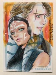 1boy 1girl ahsoka_tano alien anakin_skywalker artist_name brown_hair dark-skinned_female dark_skin green_eyes highres photo_(medium) scar scar_across_eye scar_on_face star_wars togruta tomoko_taniguchi traditional_media