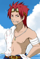 1boy blue_sky cigarette cloud collared_shirt commentary_request facial_hair goatee_stubble goggles goggles_on_head grin higeneko_(idemoto) jewelry looking_at_viewer male_focus mobster_(ragnarok_online) mustache_stubble necklace nipples open_clothes open_shirt ragnarok_online red_eyes red_hair shirt short_hair sky smile solo stubble upper_body v-shaped_eyebrows white_shirt
