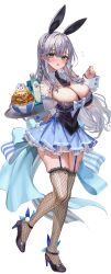 1girl absurdres animal_ears black_necktie blush bottle breasts cleavage cosplay dress fake_animal_ears fishnet_thighhighs fishnets food garter_straps green_eyes high_heels highres holding holding_tray hololive large_breasts long_hair looking_at_viewer necktie rabbit_ears rum_raisin_(chihiromakita19) shirogane_noel simple_background solo standing thighhighs thighs tray usada_pekora usada_pekora_(cosplay) usada_pekora_(furi_furi_bunny_dress) virtual_youtuber white_background