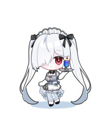 1girl alternate_costume back_bow bow bowtie breasts cherry chibi cinderella_(nikke) cleavage commentary corset deformed dress elbow_gloves food fruit full_body garter_straps glass gloves goddess_of_victory:_nikke hair_bow hair_over_one_eye hand_up long_hair looking_at_viewer maid maid_headdress momori_sensei plate puffy_short_sleeves puffy_sleeves red_eyes see-through_clothes see-through_dress shoes short_sleeves simple_background skirt_hold solo thighhighs twintails very_long_hair white_background white_dress white_hair