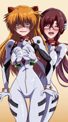 2girls ^_^ anger_vein angry ayanami_rei_(cosplay) blue_eyes bodysuit breasts brown_hair closed_eyes commentary_request cosplay cowboy_shot evangelion:_3.0+1.0_thrice_upon_a_time fujitaka_nasu grabbing_another&#039;s_breast grabbing_from_behind groping highres interface_headset_(evangelion) long_hair looking_at_viewer low_twintails makinami_mari_illustrious matching_outfits mecha_pilot_suit medium_breasts multicolored_bodysuit multiple_girls neon_genesis_evangelion orange_hair plugsuit_(evangelion) rebuild_of_evangelion red-framed_eyewear smile souryuu_asuka_langley teeth thigh_gap twintails two_side_up upper_teeth_only white_bodysuit