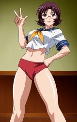 Rule 34 | 00s, 1girl, breasts, buruma, female focus, glasses, hand on own hip, ikkitousen, mature female, purple hair, sailor collar, school uniform, short hair, solo, sonsaku goei, standing, tagme, v