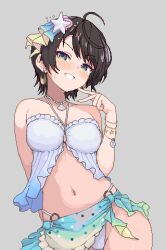 1girl ahoge arm_behind_back bare_shoulders bikini black_hair blue_eyes blush bracelet breasts crescent crescent_earrings dstakunt earrings grey_background hair_ornament hololive holonatsu_paradise jewelry looking_at_viewer medium_breasts navel necklace o-ring official_alternate_costume oozora_subaru oozora_subaru_(holonatsu_paradise) pixel_art shell short_hair simple_background smile solo stomach swept_bangs swimsuit v virtual_youtuber white_bikini