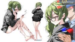 1girl alternate_costume arrest bare_legs bespectacled black-framed_eyewear black_hoodie black_shorts blood blood_on_arm blood_on_leg blush cigarette contemporary dolphin_shorts faceless glasses green_hair holding holding_cigarette holding_phone hood hoodie knees_up looking_at_viewer multiple_views patreon_logo phone police short_shorts shorts side_ponytail sideways_glance simple_background sitting smile smoking sousou_no_frieren standing sydus talking_on_phone toes ubel_(sousou_no_frieren) white_background