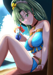 1girl beach bikini blue_bikini boo_cipher breasts cleavage cup drinking_glass fire_emblem fire_emblem:_the_blazing_blade fire_emblem_heroes green_eyes green_hair high_ponytail hurricane_glass large_breasts looking_at_viewer lyn_(fire_emblem) lyn_(lady_of_the_beach)_(fire_emblem) nintendo official_alternate_costume ponytail sitting smile solo swimsuit
