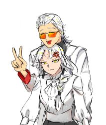 1boy 1girl absurdres angry chin_rest couple earrings glasses head_on_head head_rest highres jewelry non-web_source ponytail queen_(to_be_hero_x) shirt smile smug tinted_eyewear to_be_hero to_be_hero_x v white_background white_hair white_shirt x_(to_be_hero_x) yellow-tinted_eyewear