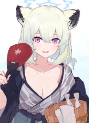1girl animal_ears bath_yukata blue_archive blue_halo blue_haori blush breasts bucket cleavage commentary green_hair grey_kimono halo hand_fan haori highres holding holding_fan japanese_clothes kimono looking_at_viewer medium_breasts off_shoulder official_alternate_costume open_mouth paper_fan punished_pigeon purple_eyes shigure_(blue_archive) shigure_(hot_spring)_(blue_archive) short_hair smile solo tokkuri towel uchiwa weasel_ears wooden_bucket yagasuri yukata